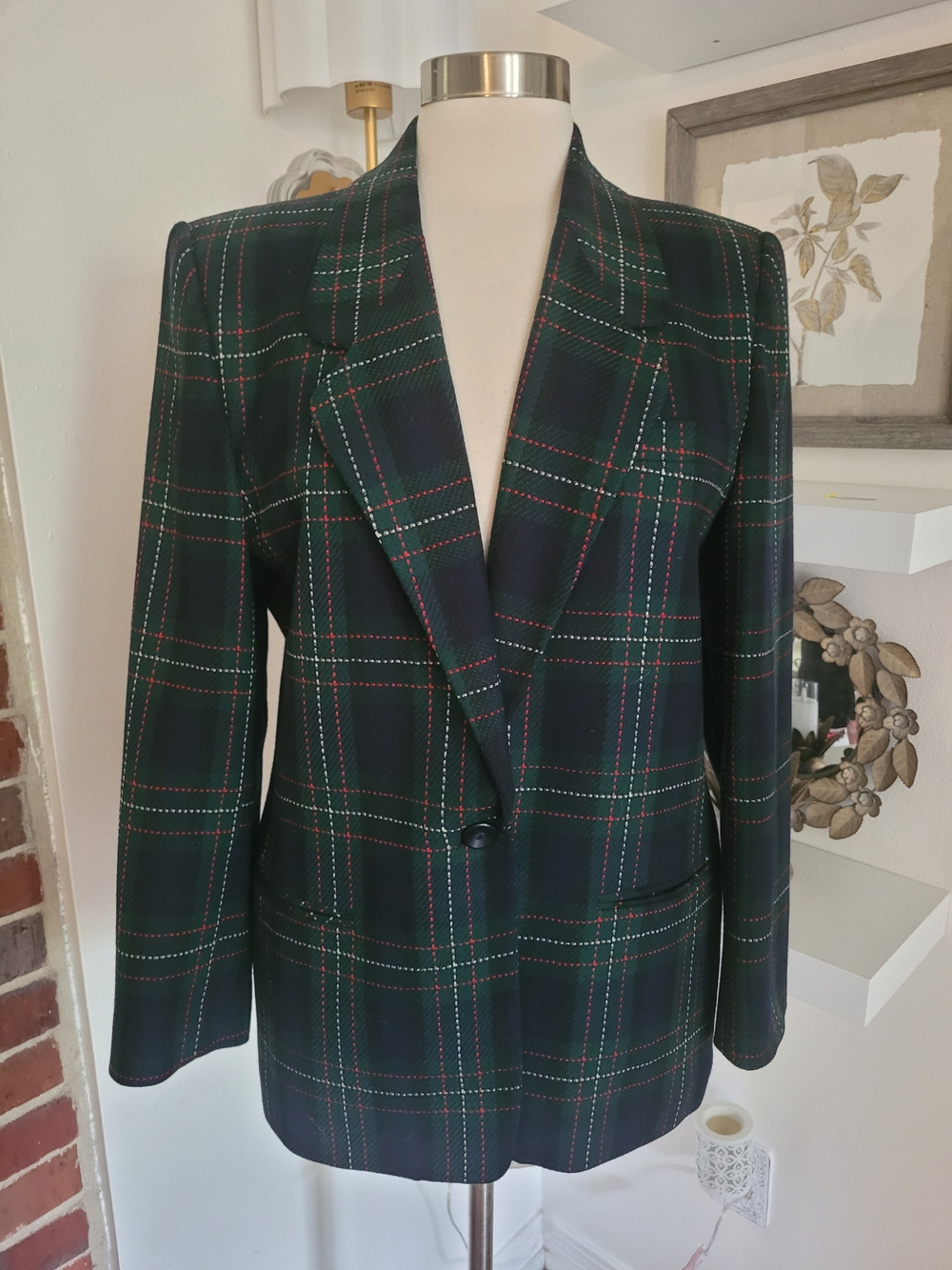 Vintage Wool Talbots Navy Green Plaid Single-Button Blazer 10P